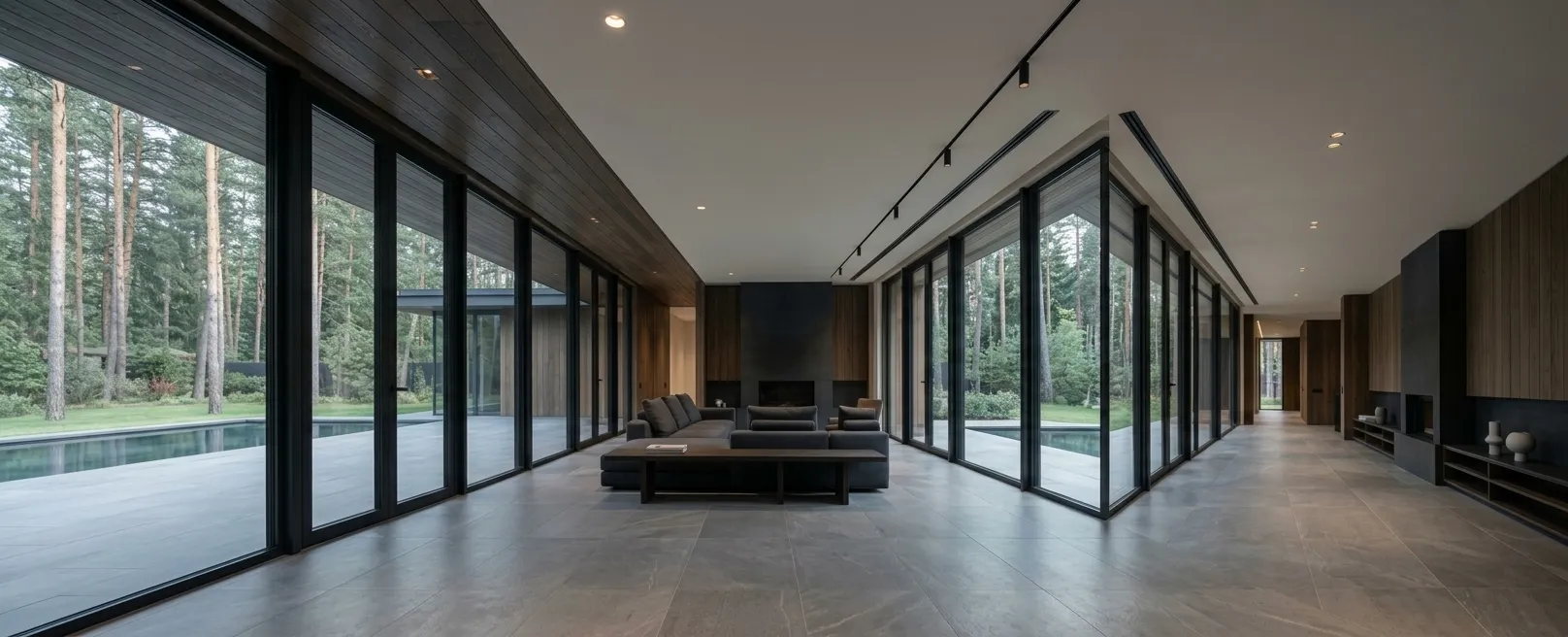 The living space of House No. 17, looking through full-height glazing to the garden on both sides, with a dark stone fireplace at the far end.