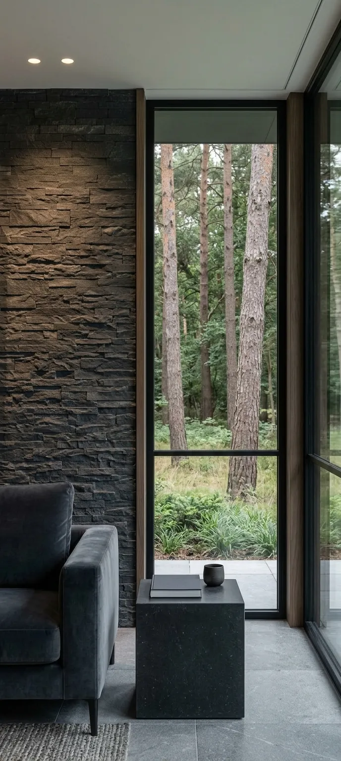 A corner of a room at House No. 17: a dry-stone wall beside a full-height window looking onto pine trunks, with a dark sofa and a low stone table holding two books.